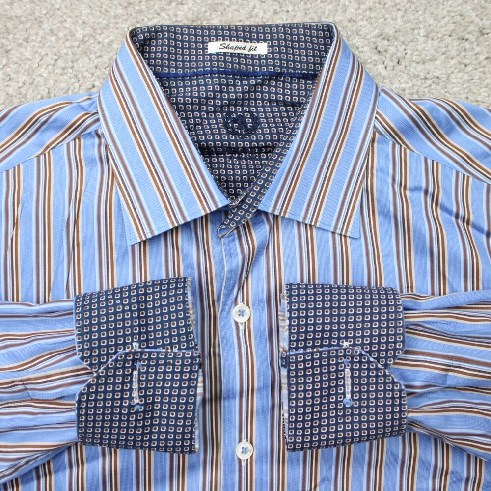 Bugatchi Shirt Mens Large Blue Shaped Fit Flip Cuff‎ Long Sleeve Cotton Button